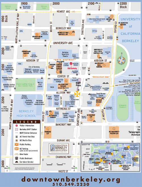 Map of Downtown Berkeley, with link to the Downtown Berkeley Association maps and transit page